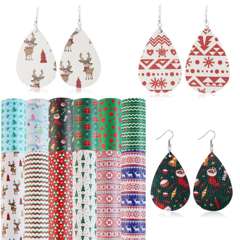 12pcs Lembaran Kulit Pu Sintetis Motif Print Tema Natal Ukuran 8.2x6.3 In Untuk Membuat Anting / Pita / Rambut