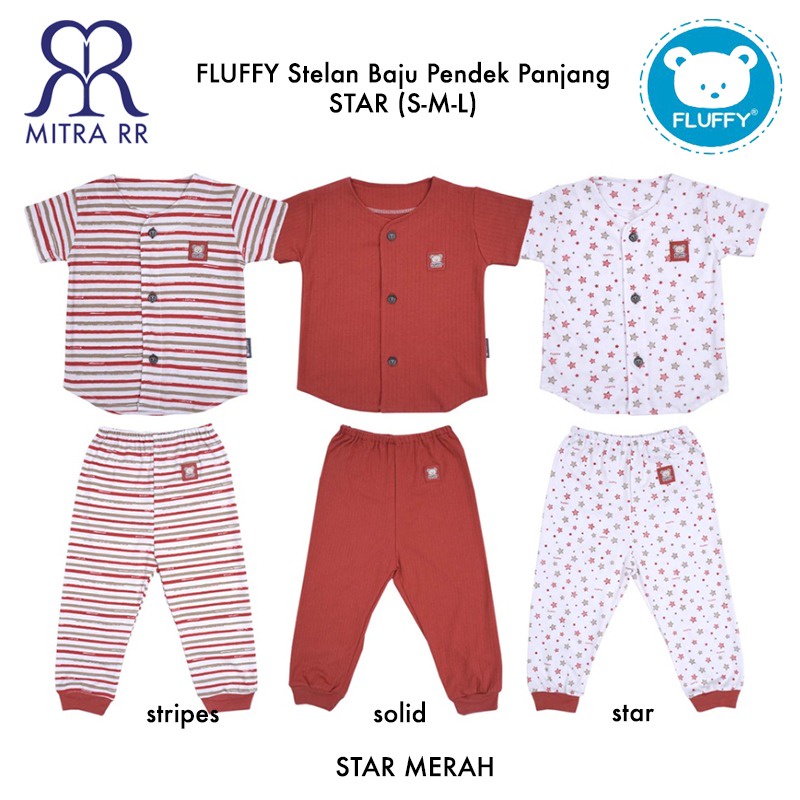 FLUFFY Stelan Baju Kancing Pendek Celana Panjang STAR S M L (3-12 bulan) Setelan Baju Bayi 3 Pasang