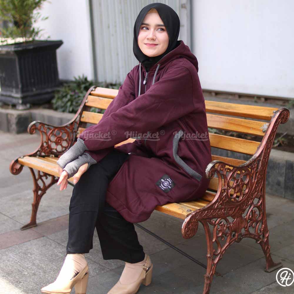 Jaket Jacket Wanita Cewek Cewe Hijaket Hijabers Muslimah Panjang Hoodie Hijacket Handsock ELK Ungu-4