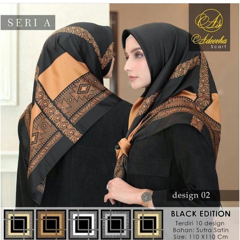 Hijab Jilbab Segiempat Satin Hitam. Jilbab Adeeva Scarf. Kerudung Satin Black Edition