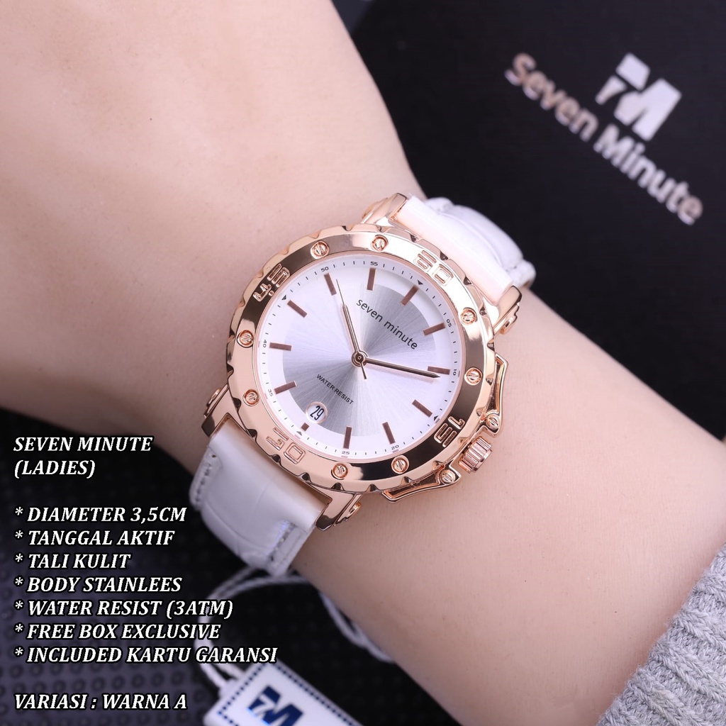 (FREE BOX) JAM TANGAN WANITASEVEN MINUTE FASHION TALI KULIT BODY BULAT TANGGAL AKTIF