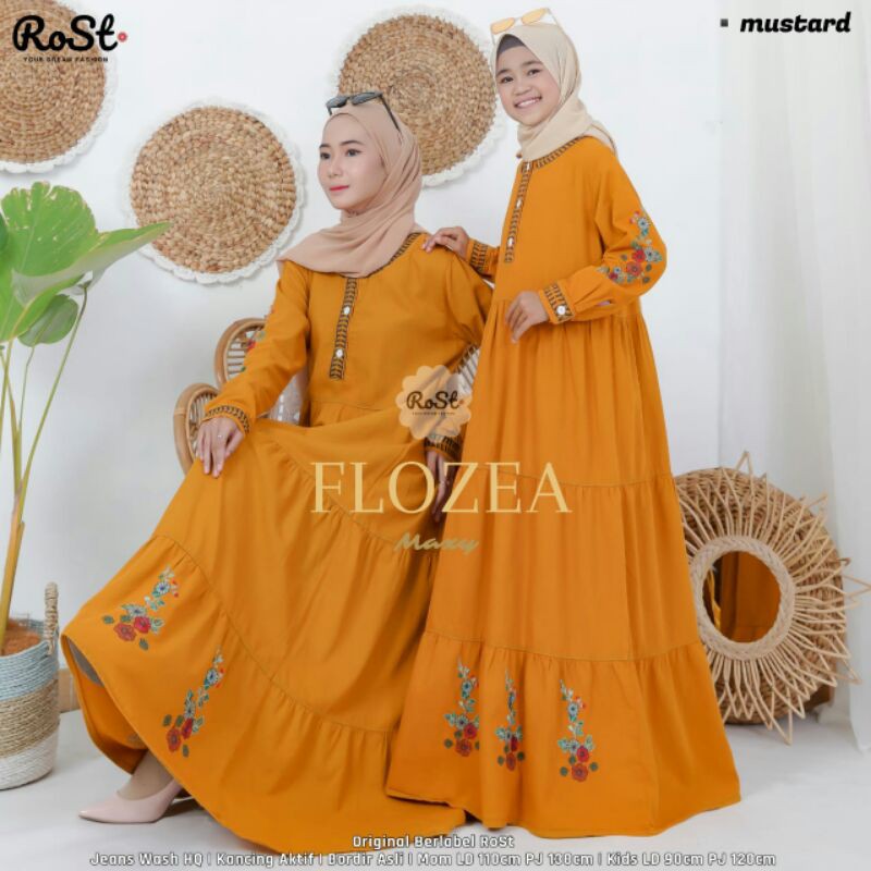 Gamis Couple Ibu dan Anak Flozea Maxy Mustard Series By Rost Jeans Wash HQ Kancing Aktif Bordir Asli