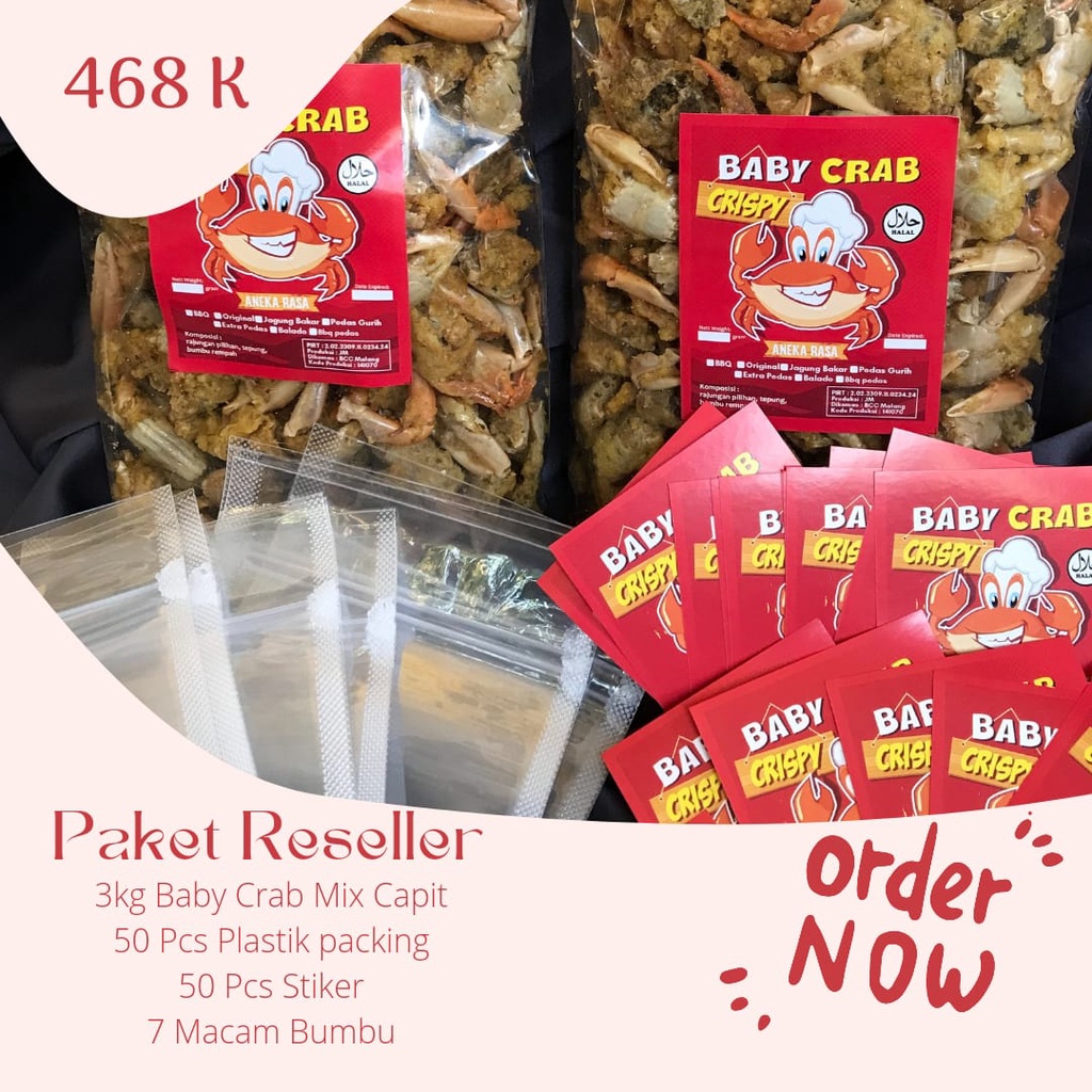 

Paket Usaha Camilan Baby Crab Crispy 3kg FREE pouch + stiker + bumbu