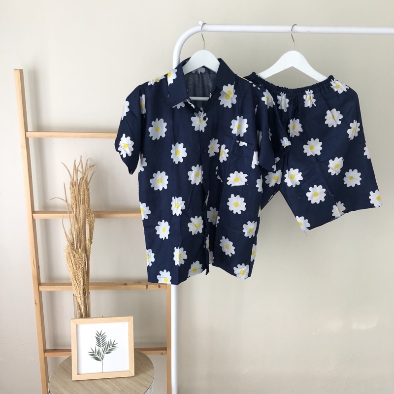 hirafa - One Set Setelan Atas Bawah Full Kancing / Baju Santai Tie Dye / Baju Wanita Pria-Aster - Navy