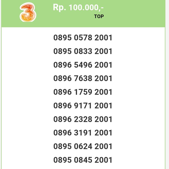 Nomor cantik three murah tahun lahir 2001 kartu perdana 3 T7888-100