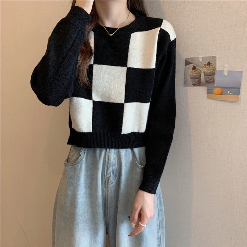 Knit Top Kotak Kotak Sweater Rajut Crop Top Lengan Panjang Wanita