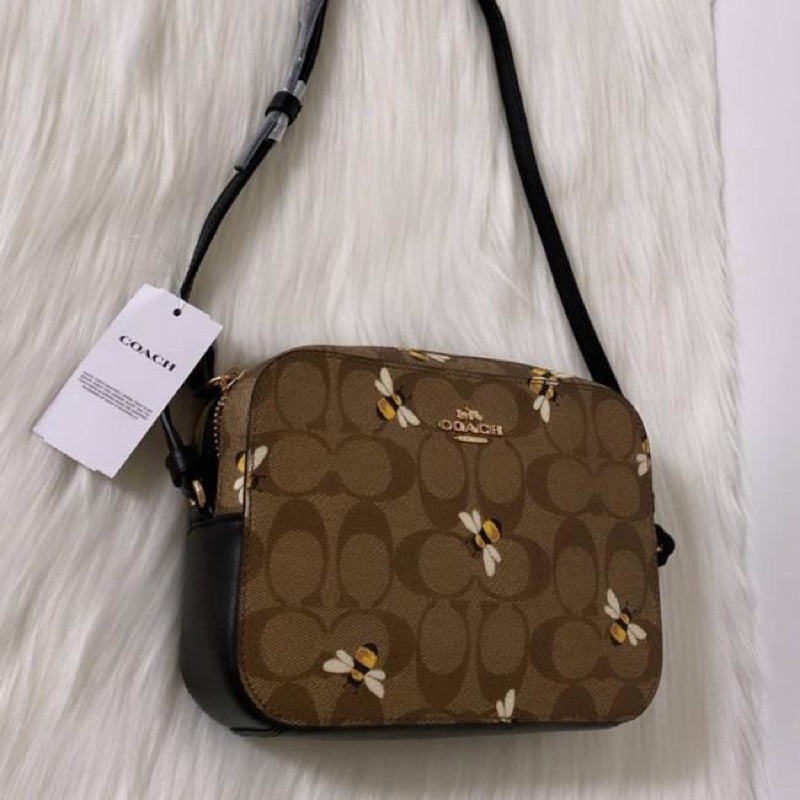 Coach Camera New Mini Signature Canvas With Bee Print / Brown Crossbody bag (C8671)