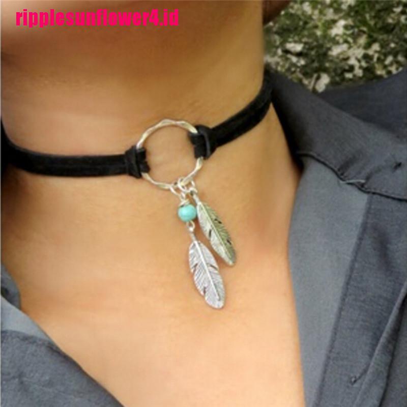 Kalung Choker Dengan Liontin Bulu Gaya Bohemian