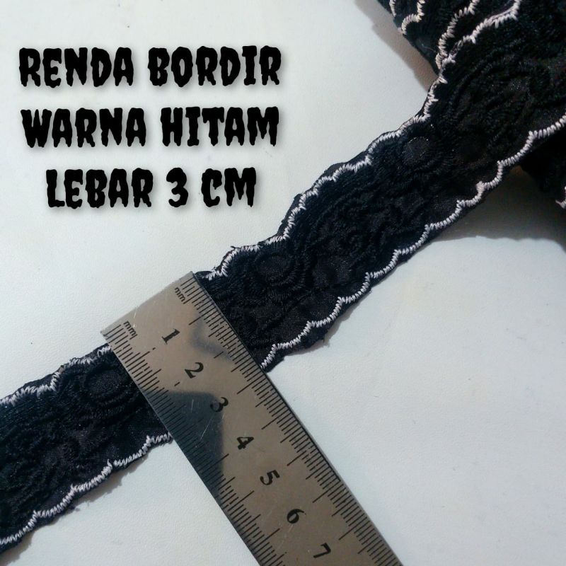 per meter,renda bordir warna hitam lebar 3 cm