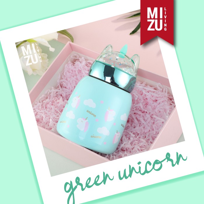 UNIDEER Termos Anak Unicorn Snow Globe 300ml Thermos Botol Air Minum Water Bottle Vacuum BPA-Free-GREEN UNICORN