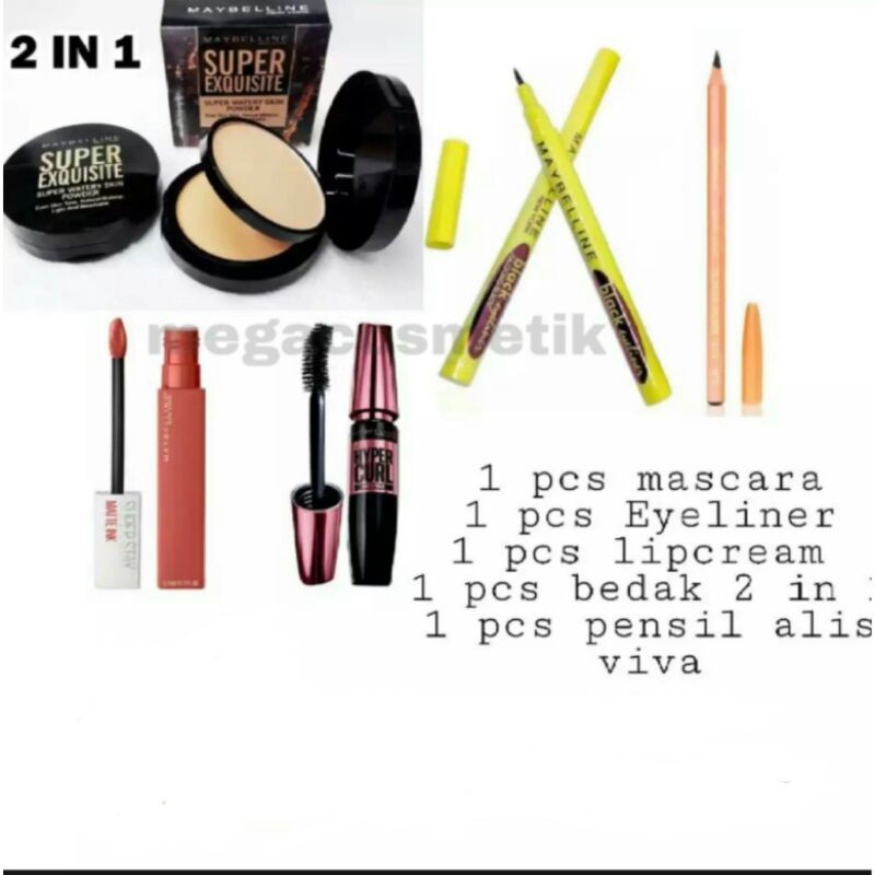 PAKET MAKEUP MAYBELLINE 5IN1 BEDAK 2in1 - Mascara - Eyeliner - Lipcream - Pensil alis