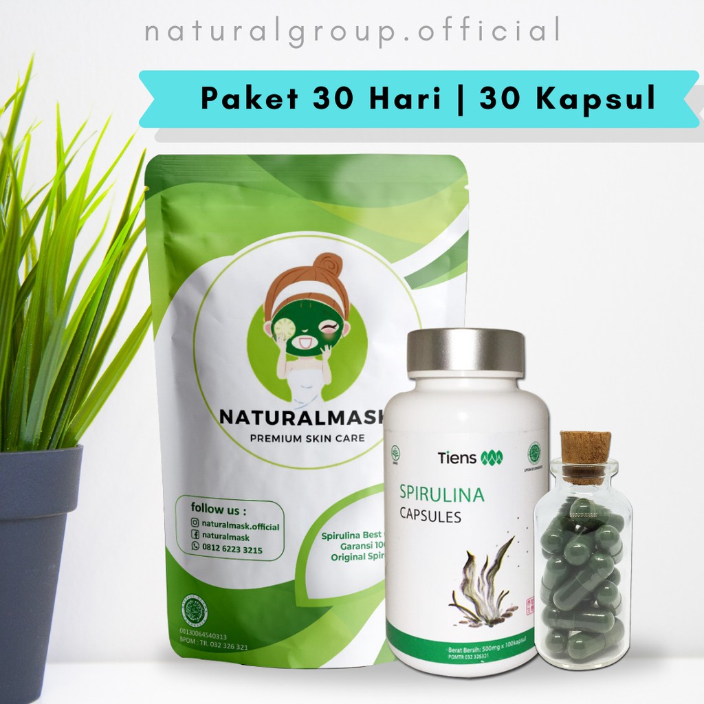 Original Masker Spirulina Tiens 30 Kapsul | Free Kuas, Mangkok & Bando