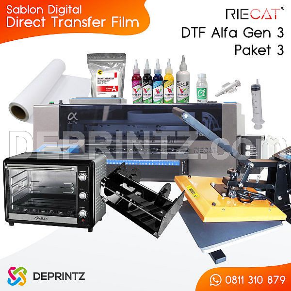 Paket Mesin Sablon Digital DTF Riecat Alfa Gen 3 | Paket 3 | Mesin + Press + Oven