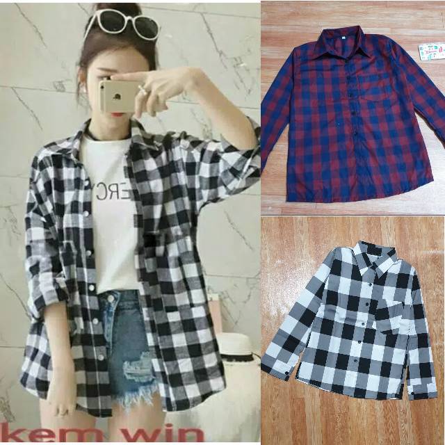 GSL KEMEJA WANITA CASUAL JUMBO KOREA LENGAN PANJANG IMPORT POLOS KOTAK KOTAK OVERSIZE Baju Kemeja Atasan Wanita Hitam Puith Terbaru 2021 Kekinian Viral-5