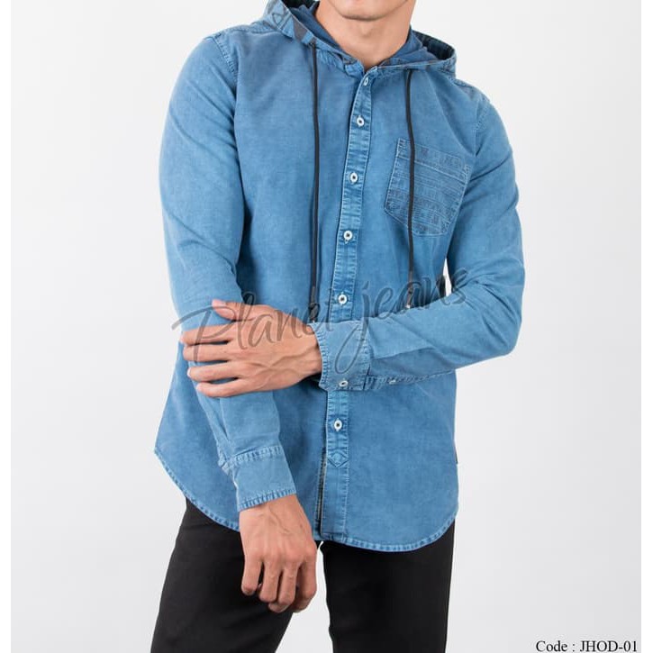 Kemeja denim chambray hoodie pria slimfit blue jeans
