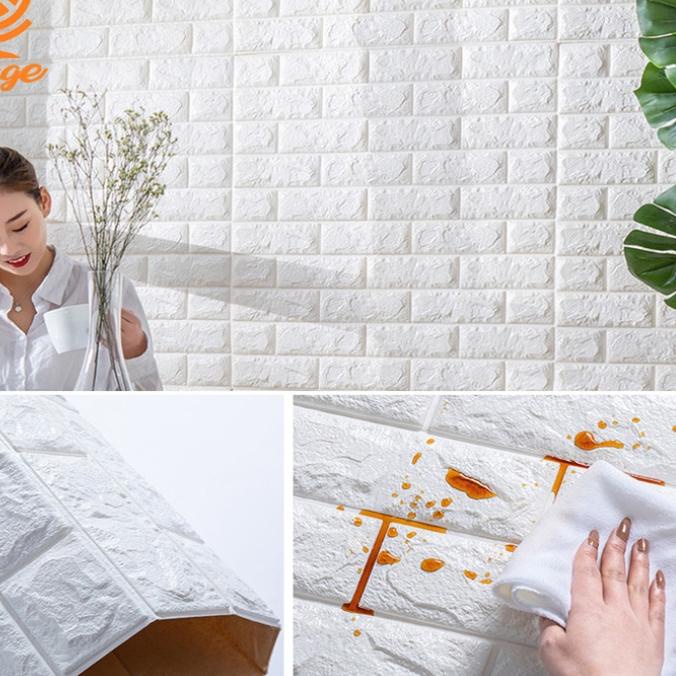 ℗ PAKET 10 LEMBAR Wallpaper 3D Foam Batu Bata Putih (Paket 10 Lembar) Ukuran Setengah Orangedekorasi