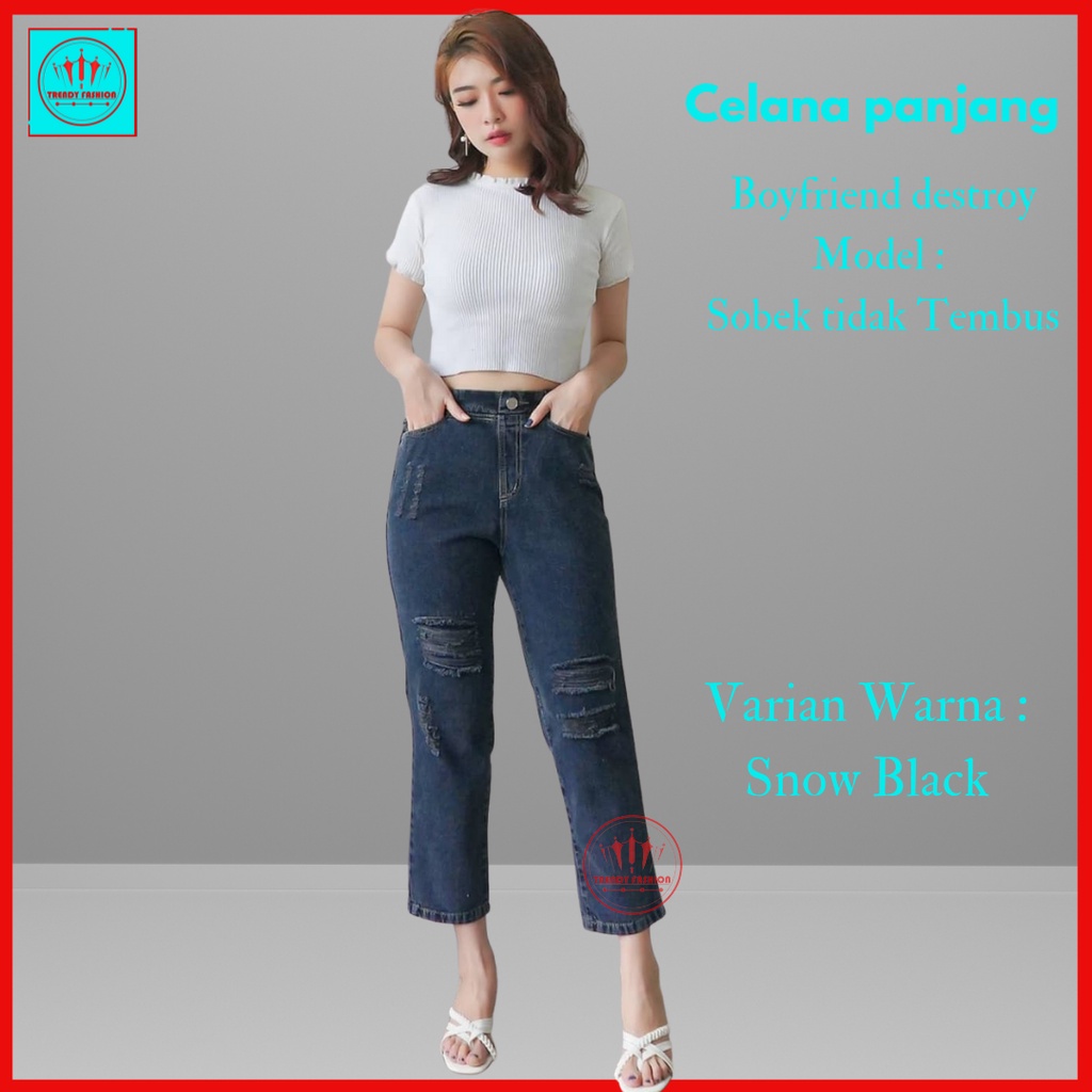 Vivo celana panjang boyfriend jeans wanita/cewek/remaja/dewasa pinggang karet  ripped/sobek tidak te