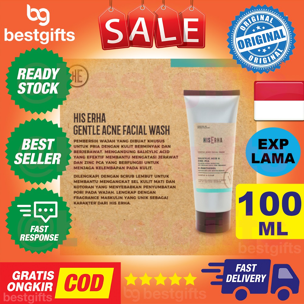 HIS ERHA GENTLE ACNE FACIAL WASH PEMBERSIH WAJAH PRIA KULIT MUKA BERMINYAK BERJERAWAT JERAWAT 100 ML