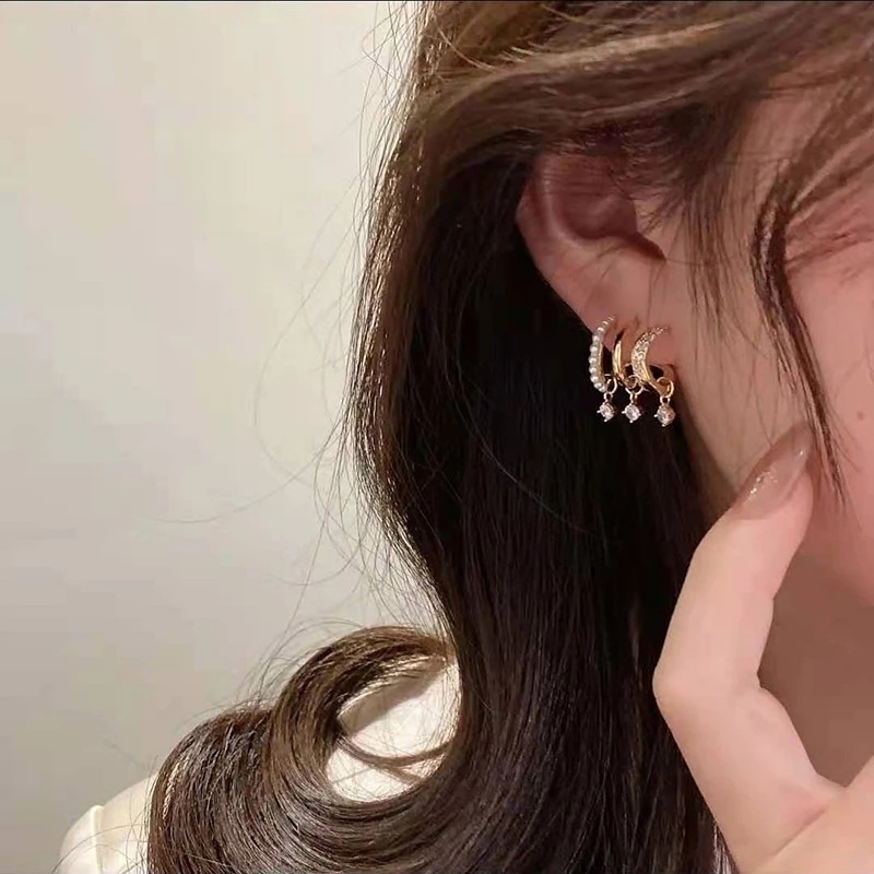 Anting Stud Zircon Mutiara Berlian Imitasi Multilayer Gaya Korea Untuk Aksesoris Perhiasan Wanita