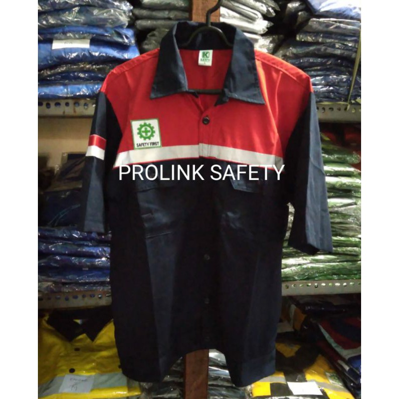 SERAGAM SAFETY MERAH DONGKER KANCING LENGAN PENDEK FREE LOGO K3 BENDERA