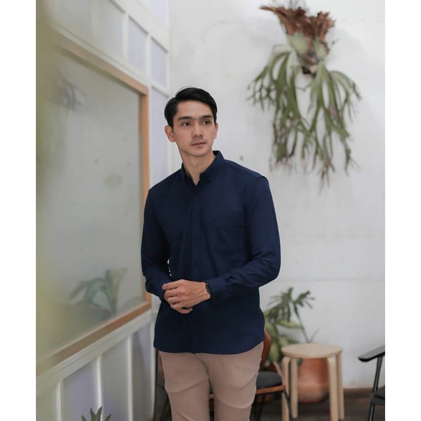 Kemeja Kasual Pique LS - Navy | Kemeja Pria Lengan Panjang Katun Pique