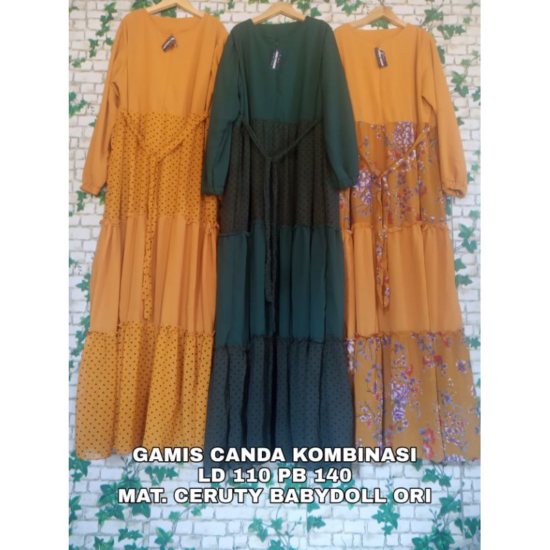 GAMIS UMPAK KOMBINASI POLKA POLOS BUNGA SAKURA CERUTY BABYDOLL