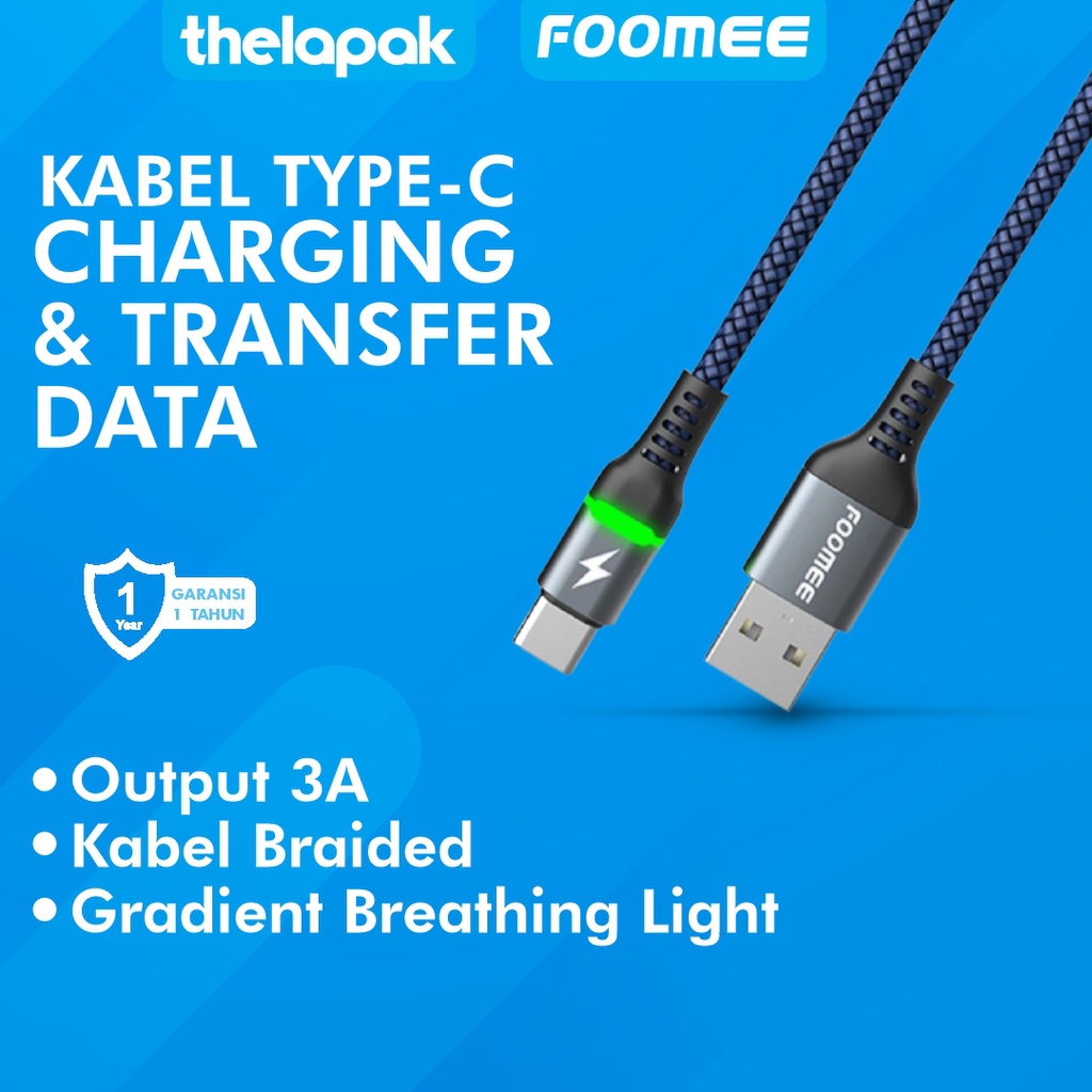 Kabel Data Type-C Foomee DE11 Cable Type-C Output 3A Breathing Light Braided Original Garansi Resmi