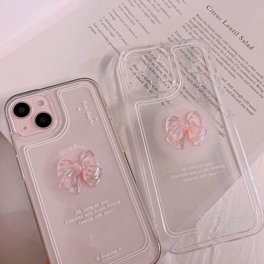 Soft Case Pelindung Desain Pita Kristal Pink 3D Transparan Untuk Iphone 7 8 PLUS X XR XS 11 12 13 14 MINI PRO MAX SE 2020