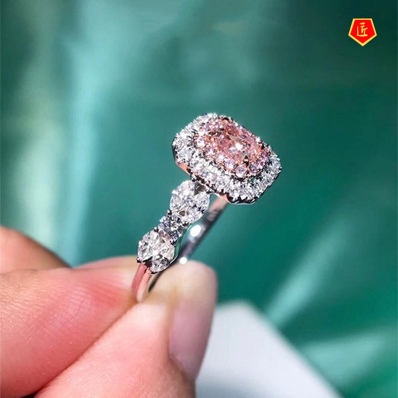 [Ready Stock]18K Platinum Square Pink Diamond Color Separation Ring