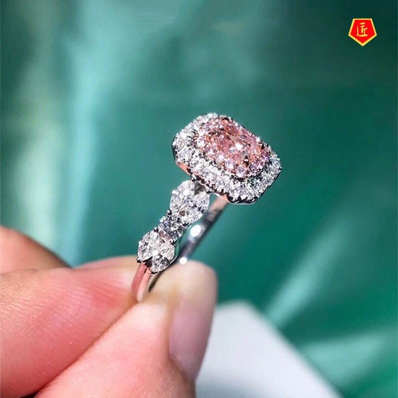 [Ready Stock]18K Platinum Square Pink Diamond Color Separation Ring