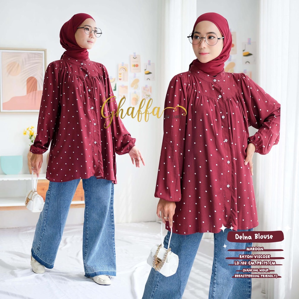 Gaffa Delna Blouse Motif Wanita Kekinian Vintage Viscose Uniqlo Pastel Solo Lengan Panjang Hijaber H