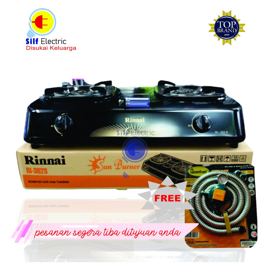 Rinnai RI-302S Kompor Gas 2 Tungku Sun Burner + selang regulator quantum