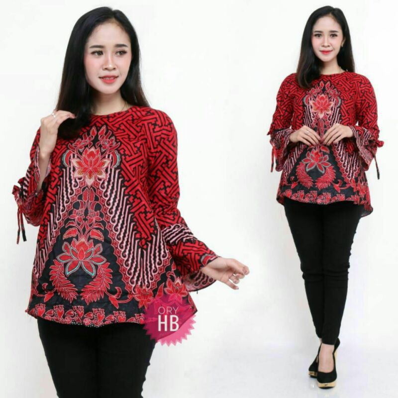 BATIK COUPLE KELUARGA sania ruffle ori ndoro jowi dnt motif pagar bunga merah-Blouse