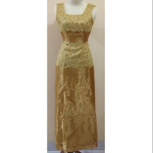 Gaun pesta panjang gold bahan brokat brukat organza mewah full payet preloved