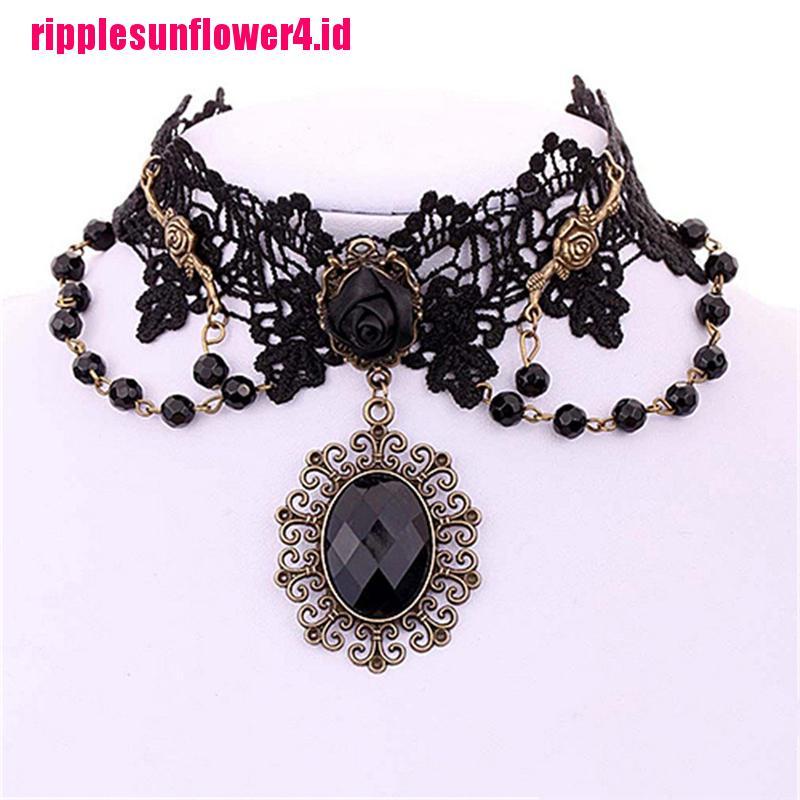 Lolita Kalung Choker Bahan Lace Motif Bunga Mawar Warna Hitam Gaya Gothic Untuk Wanita