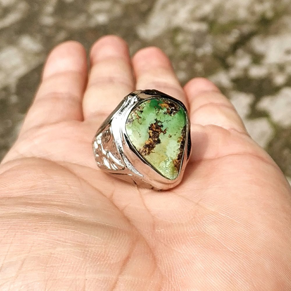 CINCIN BATU AKIK NATURAL PIRUS PERSIA HIJAU MOTIF TETESAN AIR TRIANGEL