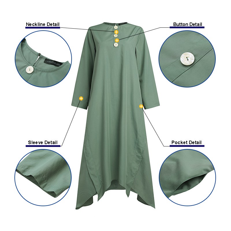 ZANZEA Women Decorative Button Front O-Neck Irregular Hem Muslim Dress