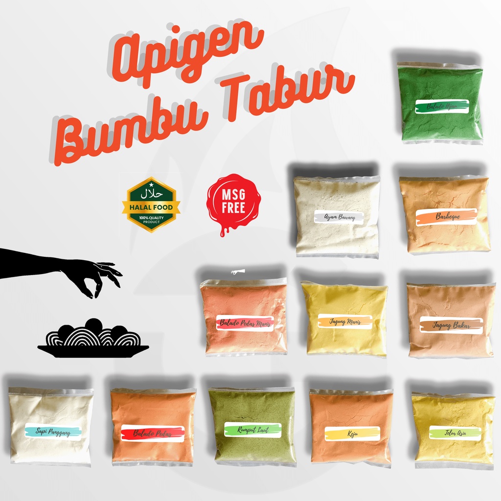 

Apigen Bumbu Tabur Rasa Balado Pedas, Jagung Bakar Manis, Keju, BBQ, Sapi Panggang, Rumput Laut Nori, Pizza, Udang Pedas Manis, Chilli, Ayam Bawang Panggang 40 Gram HALAL NON-MSG