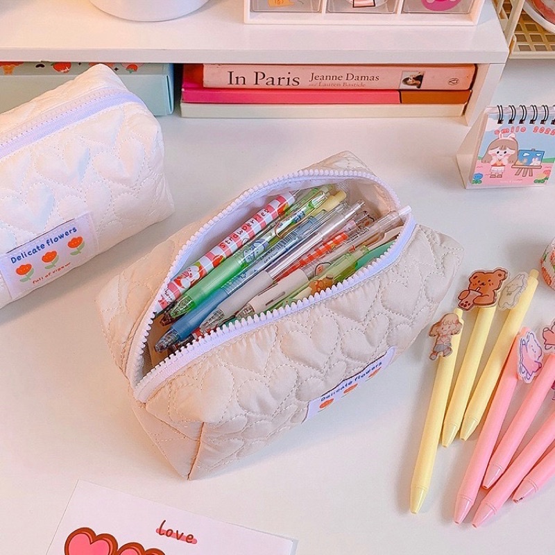 KENSHO Kotak Pensil Kain Flower Sleting Bunga Aesthetic Plaid Kotak Korea / Pencil Case Lucu Import / Flowers