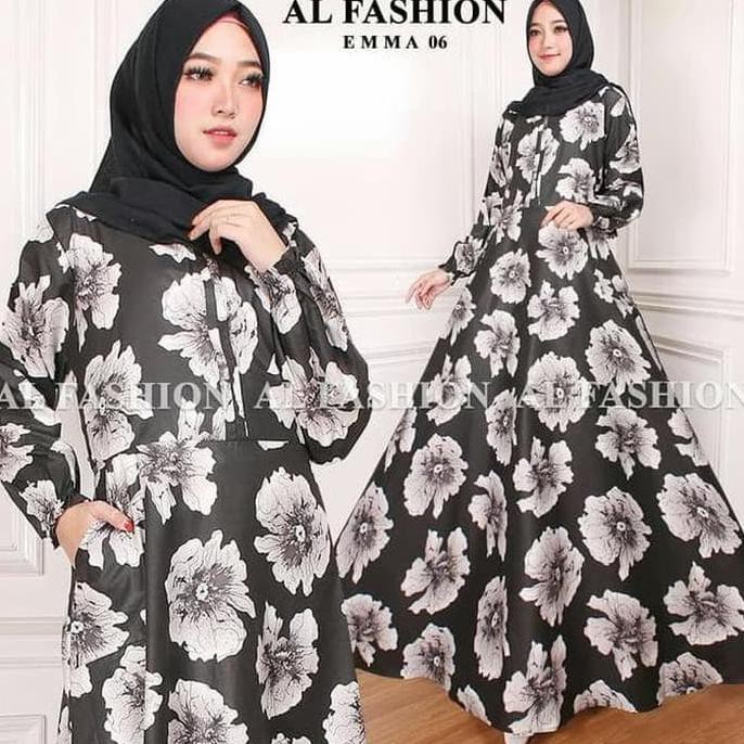 BAJU GAMIS MUSLIM KATUN EMMA HITAM ABU / DRESS MUSLIM / GAMIS PESTA