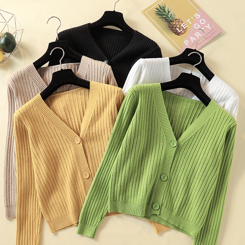 Cardigan Rajut Tipis Casual Lengan Panjang Warna Polos