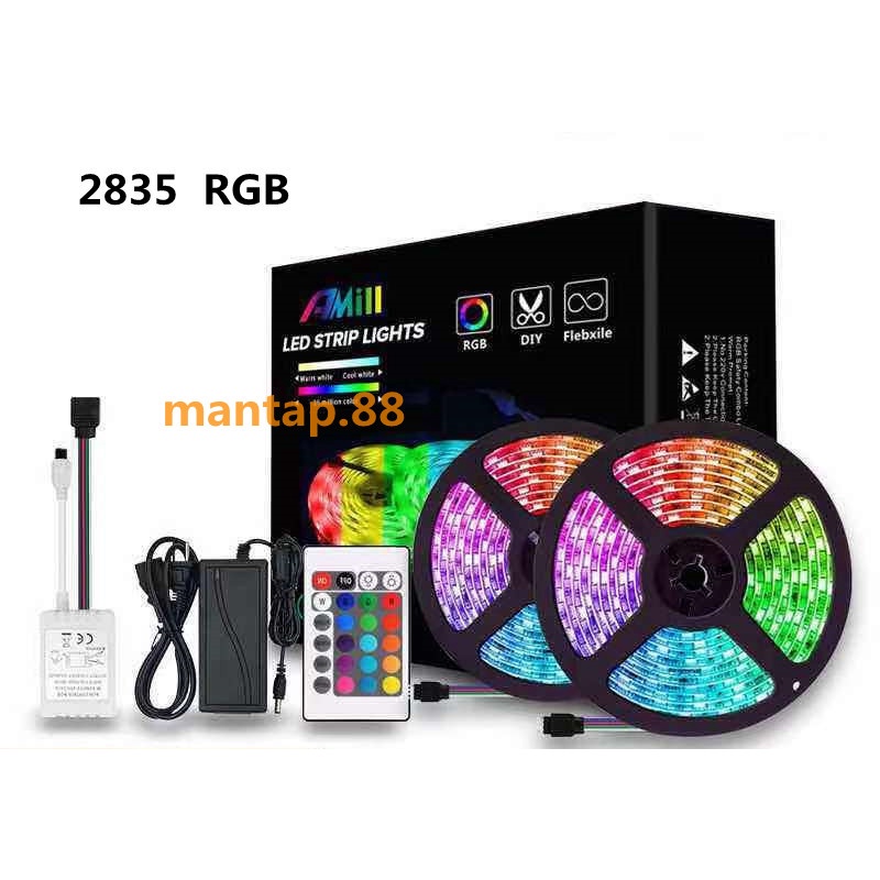 LAMPU LED STRIP 2835 5050 RGB 5M/10M SET WARNA WARNI IP44 AC 220V + ADAPTOR + REMOTE