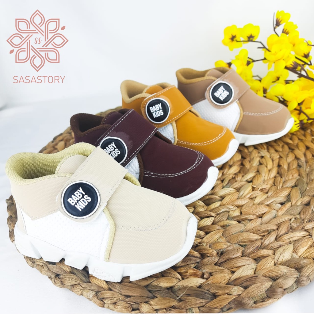 Sasastory Sepatu Sneaker Anak Laki Laki Perempuan Usia 1 2 3 Tahun Krem Maroon Tan Coklat CA19