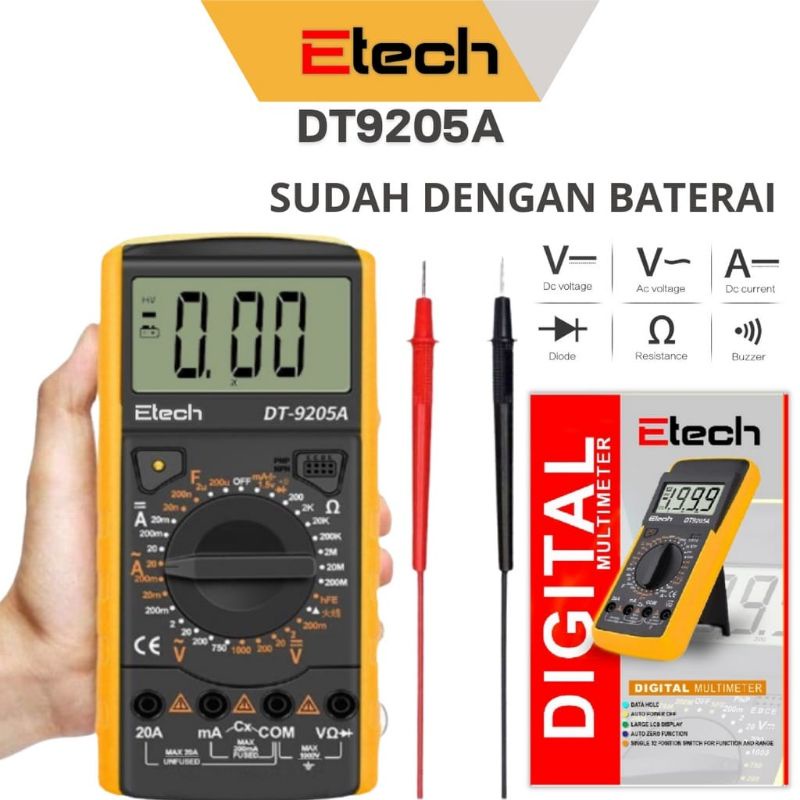 Multimeter Digital Baru Bonus Baterai Langsung Pakai DT-9205A / Alat Pengukur Tegangan Multifungsi