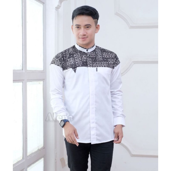 Baju Koko Hadroh Baju Koko Pria Lengan Panjang Baju Koko Batik-Putih