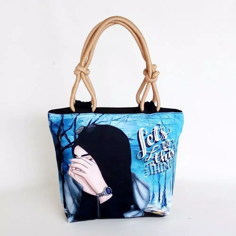 Totebag tali sumbu tas hijab bermotif karakter