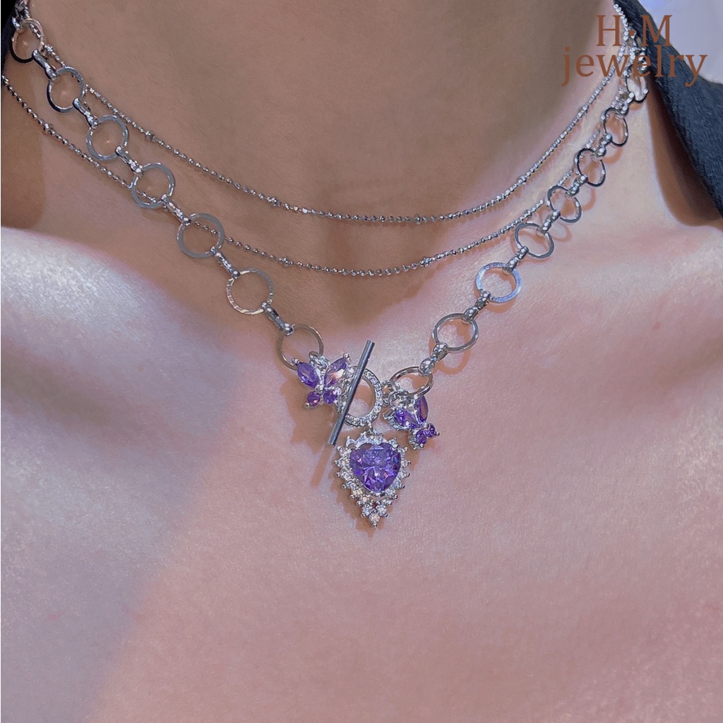 Kalung Double Layer Desain Kupu-Kupu Warna Ungu