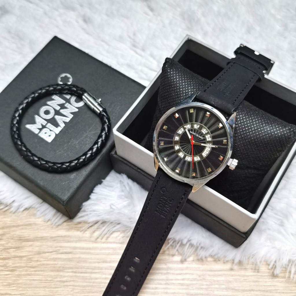 Terlaris  Jam Tangan Pria MontBlanc 6758YL Tali Kulit , Analog , Free Gelang + Box & Baterai