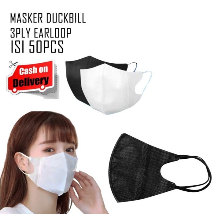 Masker Duckbill 3 Ply 1 Box Isi 50 Pcs Earloop Disposable Face Mask 3ply Warna Hitam / Putih