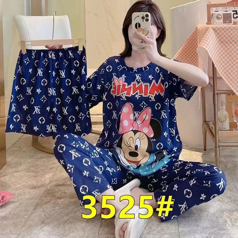 AJW Shop Piyama 3 in 1 | Piyama Lengan Pendek | Baju Tidur Impor | Baju Tidur 3in1-MinnieL Navy